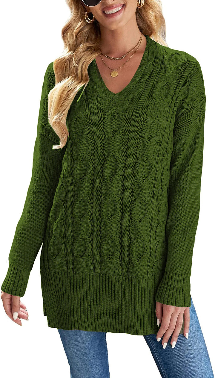 Casual Women's Plus Size Cable Knit Pullover Sweater V Neck Long Sleeve Slit Sweater, Women's Fashionable Plus Size Clothing