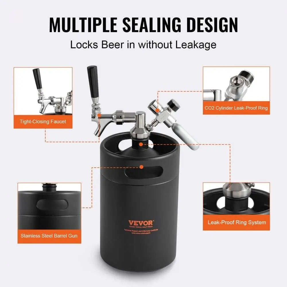 Stainless Steel Beer Growler Tap System 5L 170Oz Pressurized CO2 Regulator Faucet Leak Proof Homebrew Craft Beer