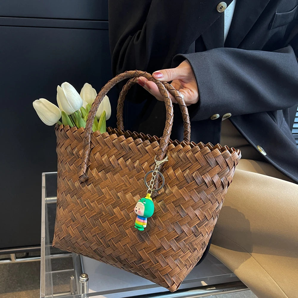 Women Weave Handbags Totes Large Capacity Summer Beach Bags Fashion for Lady for Vacation Travel Daily Casual with Cute Pendant