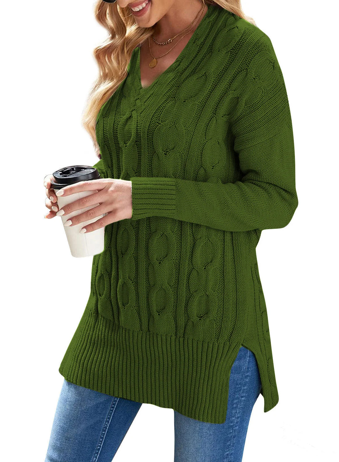 Casual Women's Plus Size Cable Knit Pullover Sweater V Neck Long Sleeve Slit Sweater, Women's Fashionable Plus Size Clothing