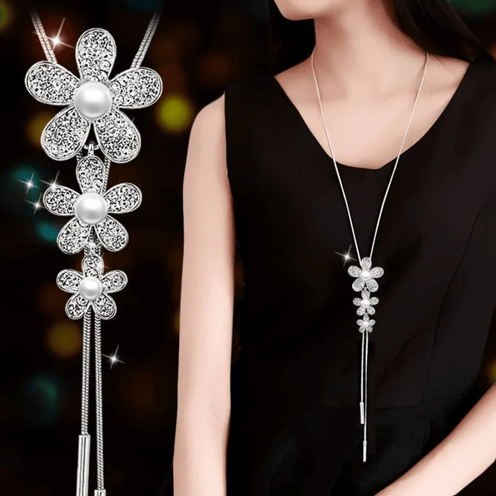 Three Flower Pendant L Necklace Inlaid Faux Pearls Elegant Long Chain Sweater Necklace Sweet Gifts For Friends