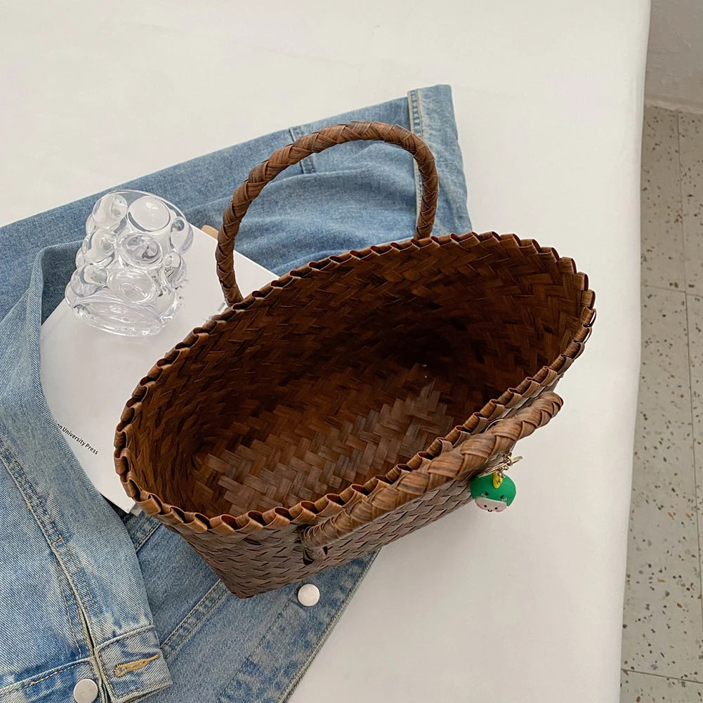 Women Weave Handbags Totes Large Capacity Summer Beach Bags Fashion for Lady for Vacation Travel Daily Casual with Cute Pendant