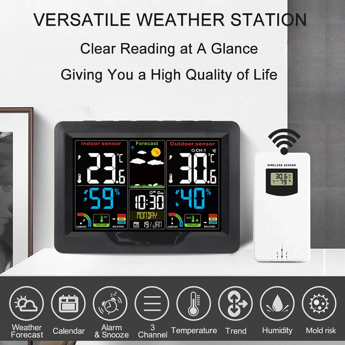 Weather Forecast Station Clock RF Indoor Outdoor Color Screen Clock with RF Transmitter Digital Temperature and Humidity Detecti