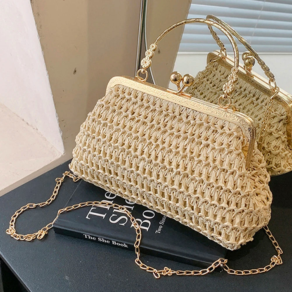 Chain Hand-woven Handbags Summer Woven Tote Bag Simple Texture Dinner Party Handmade Casual Elegant Fashion Portable Evening Bag