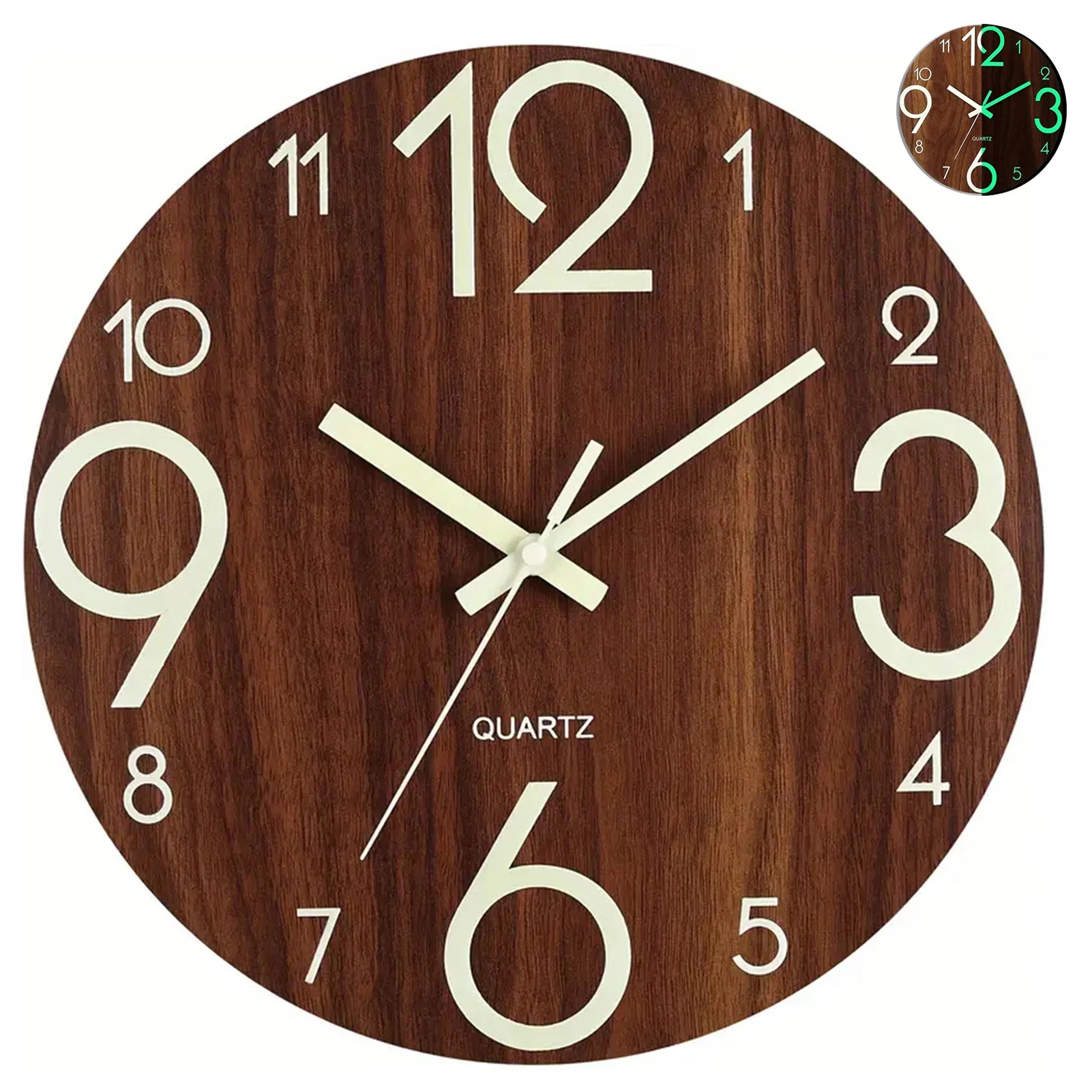 12 Inch Wooden Simple Luminous Wall Clock Silent Non Ticking Analog Clock Wall Decoration for Living Room Bedroom Office Decor