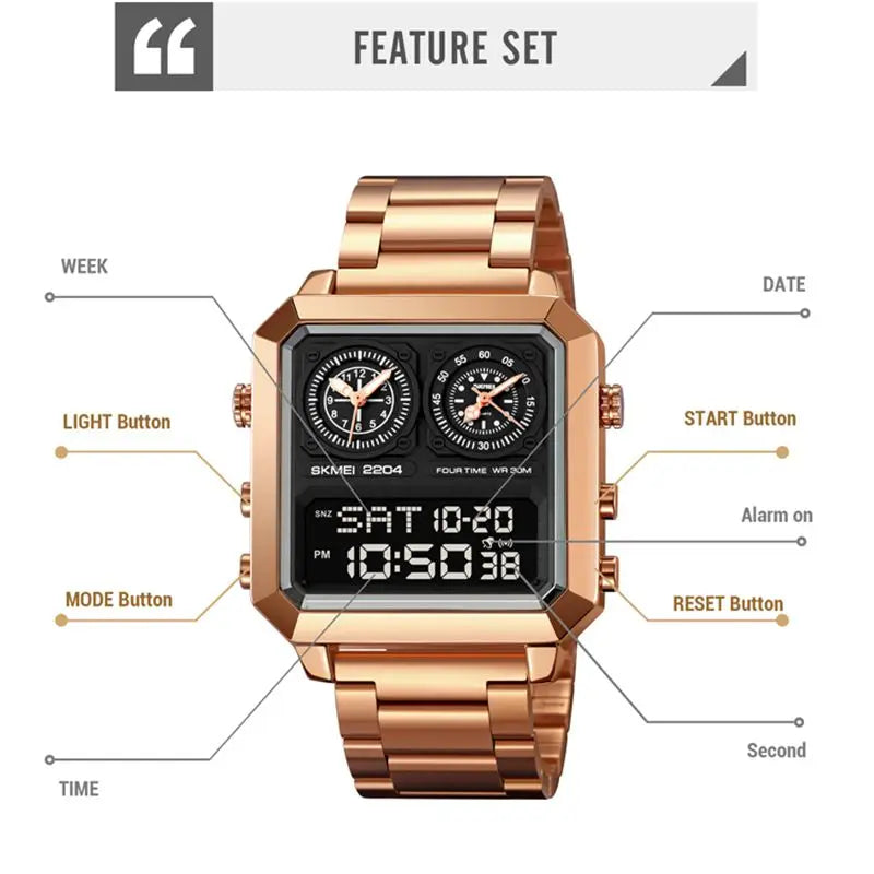 SKMEI Genuine Men's Electronic Watch Square Countdown Mary Gold Stainless Steel Strap 4 Time Timer Alarm Clock EL Luminous 2204