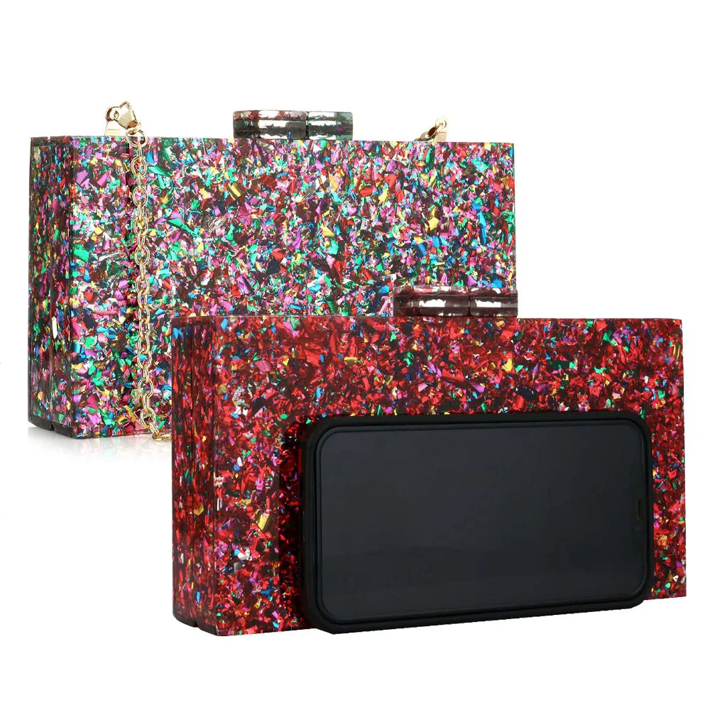 Women Acrylic Handbags Rectangle Multicolor Geometric Trend Designed Bags Chain Crossbody Bag Evening Banquet Party Clutch Bag
