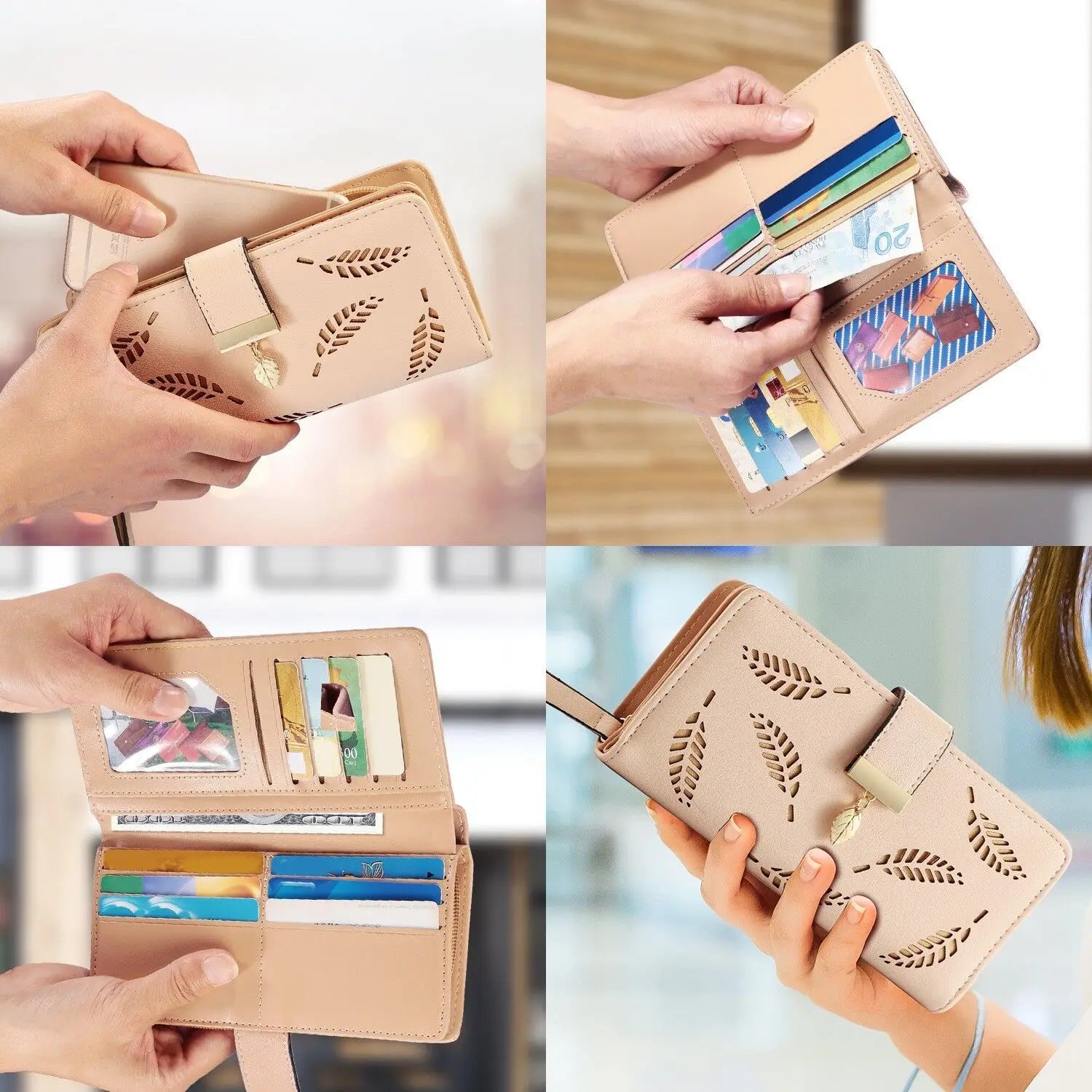 Women's Wallet PU Leather Female Long Wallet Hollow Leaves Handbag Phone Pouch For Women Gifts Coin Purse Card Holders Clutch