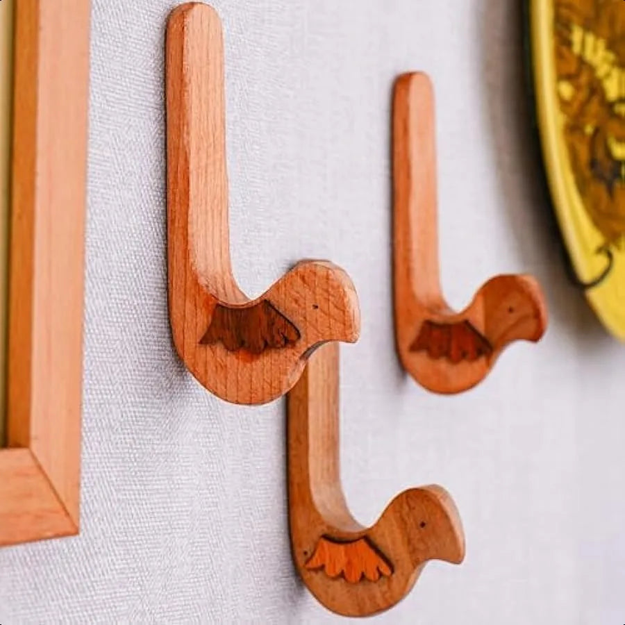 3 Hook 6 Strips Cute Bird Decorative Adhesive Wall Hooks for Hanging Unique No Damage Wood Wall Hooks