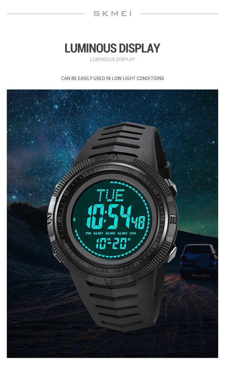 SKMEI Men's Sport Military Digital Men Watch For Men Waterproof Electronic Countdown Mens Wristwatches Outdoors Clock + Compass