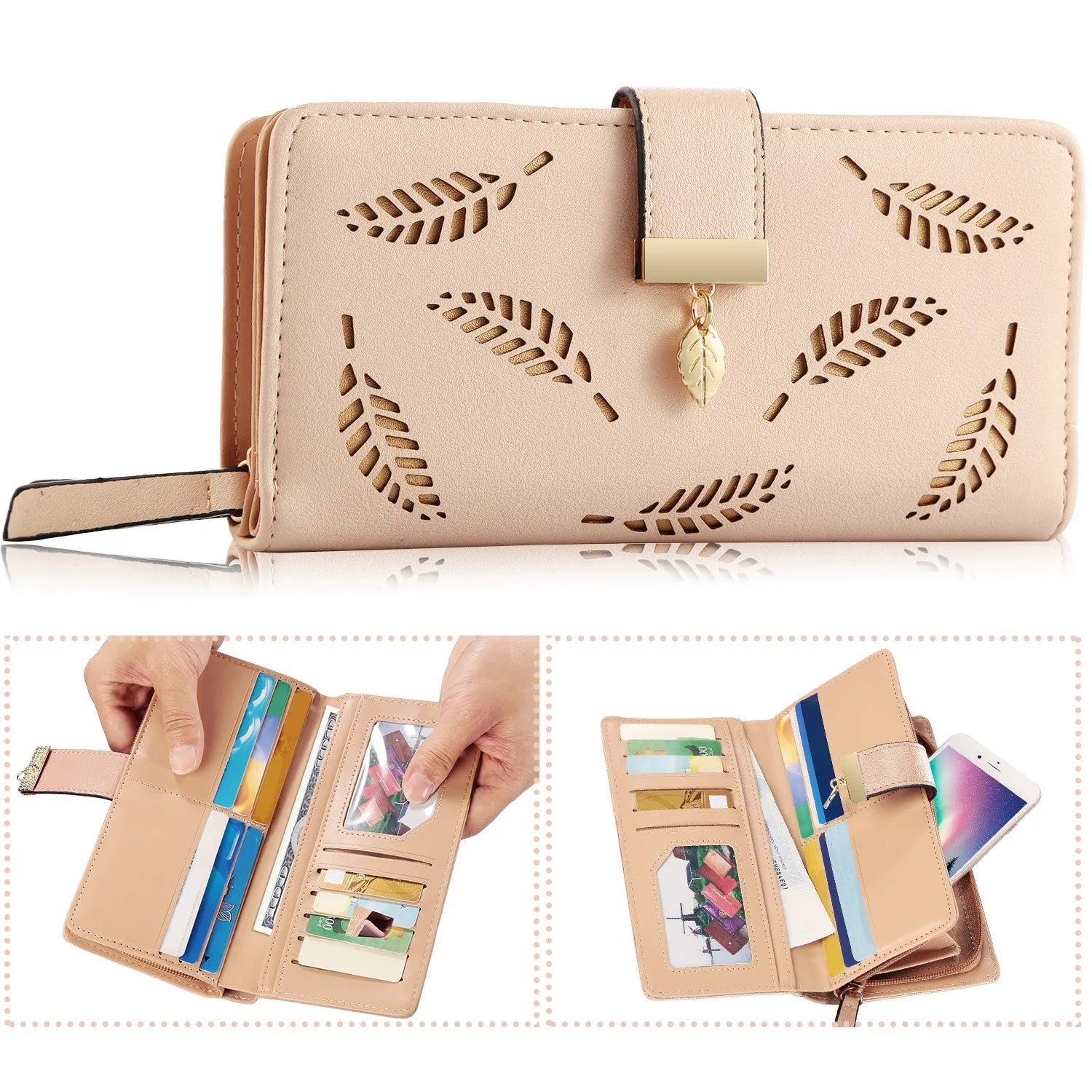 Women's Wallet PU Leather Female Long Wallet Hollow Leaves Handbag Phone Pouch For Women Gifts Coin Purse Card Holders Clutch