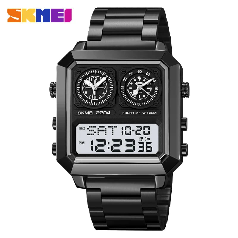 SKMEI Genuine Men's Electronic Watch Square Countdown Mary Gold Stainless Steel Strap 4 Time Timer Alarm Clock EL Luminous 2204