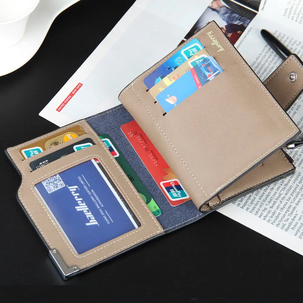 Business Mens Short Wallet PU Leather Zipper Coin Pocket Card Holder Casual Male Purses Fashion Three-fold Wallet with ID Window