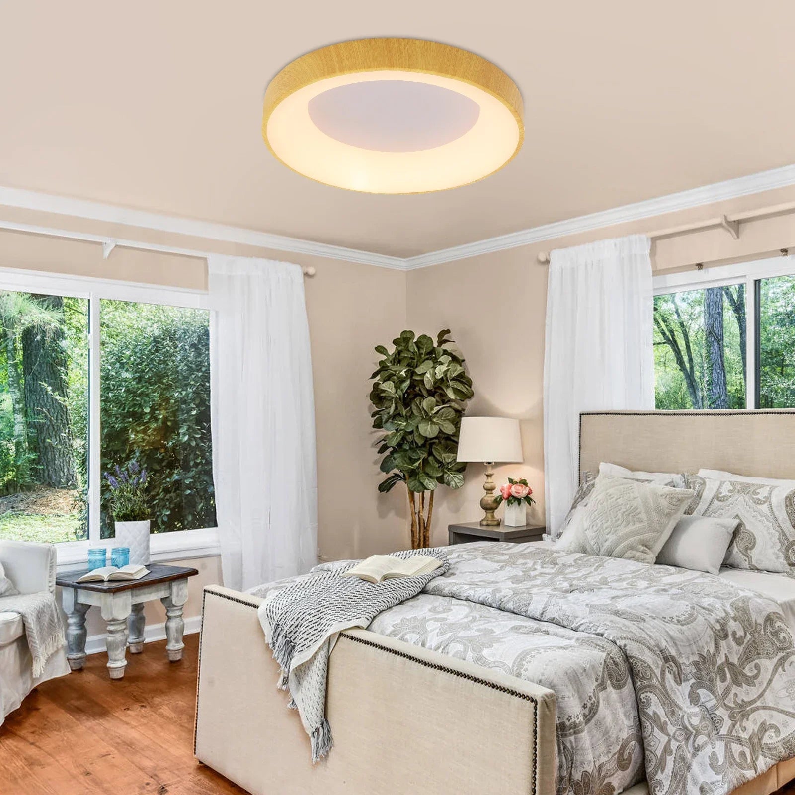 Wood Grain Ceiling Light, Modern LED Flush Mount Lighting Fixture, 36W 3300LM Acrylic & Iron Lamp - 10-20m² Coverage, 110-265V