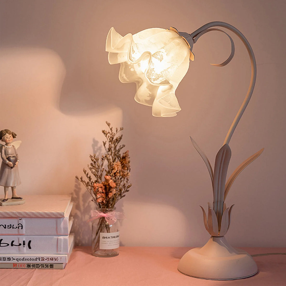 Bymaocar Pink Flower Desk Light LED Table 110V Fashional Lamp Indoor Lighting E27 Home Decor W/ Glass Lampshade for Bedroom Desk