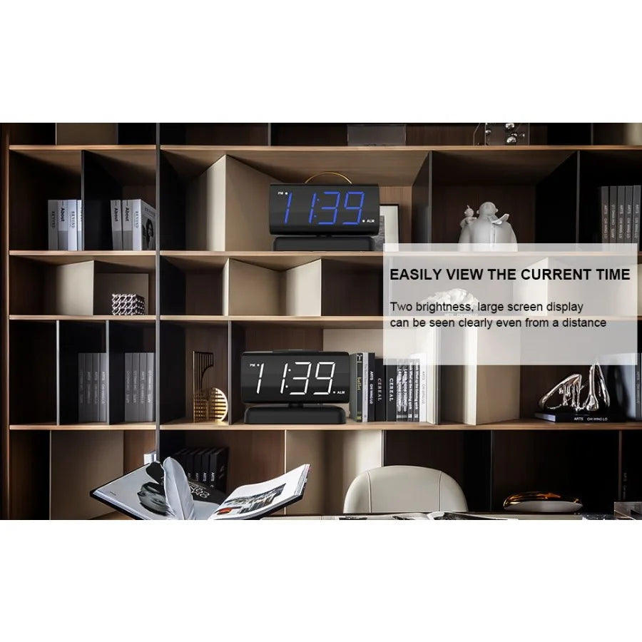 GING YHAU Alarm Clock Large Digital Rotating Base 2level Brightness Digital Clock Bedroom Bedside Alarm Clock Format Socket Pow