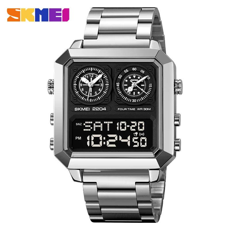 SKMEI Genuine Men's Electronic Watch Square Countdown Mary Gold Stainless Steel Strap 4 Time Timer Alarm Clock EL Luminous 2204
