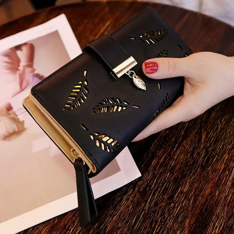 Women's Wallet PU Leather Female Long Wallet Hollow Leaves Handbag Phone Pouch For Women Gifts Coin Purse Card Holders Clutch