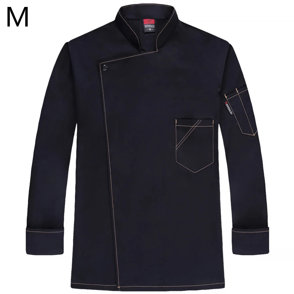 Chef Uniform Long Sleeve Warm Chef Jacket with Front Pockets Oblique Collar Suits for Men Catering for Coffee Bar  Blue XL