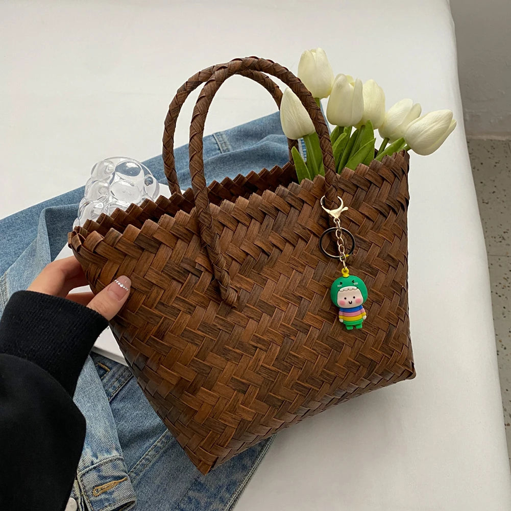 Women Weave Handbags Totes Large Capacity Summer Beach Bags Fashion for Lady for Vacation Travel Daily Casual with Cute Pendant