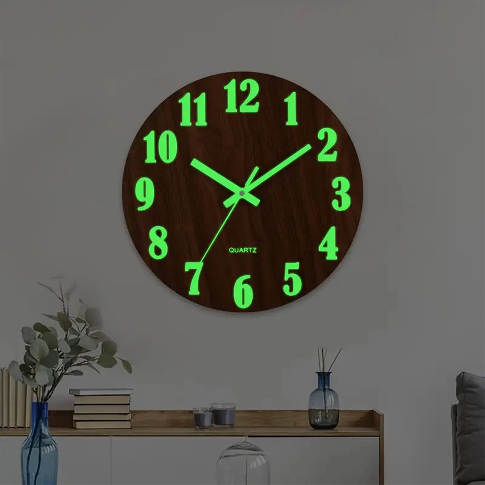 12 Inch Wooden Simple Luminous Wall Clock Silent Non Ticking Analog Clock Wall Decoration for Living Room Bedroom Office Decor