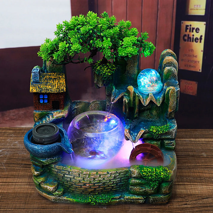 Modern LED Multicolor Tabletop Water Fountain with Mist Maker, Relaxing Decorative Fountain, Resin & Glass Desktop Water Feature