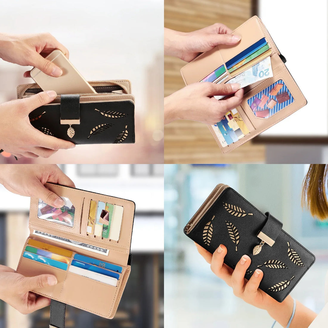 Women's Wallet PU Leather Female Long Wallet Hollow Leaves Handbag Phone Pouch For Women Gifts Coin Purse Card Holders Clutch