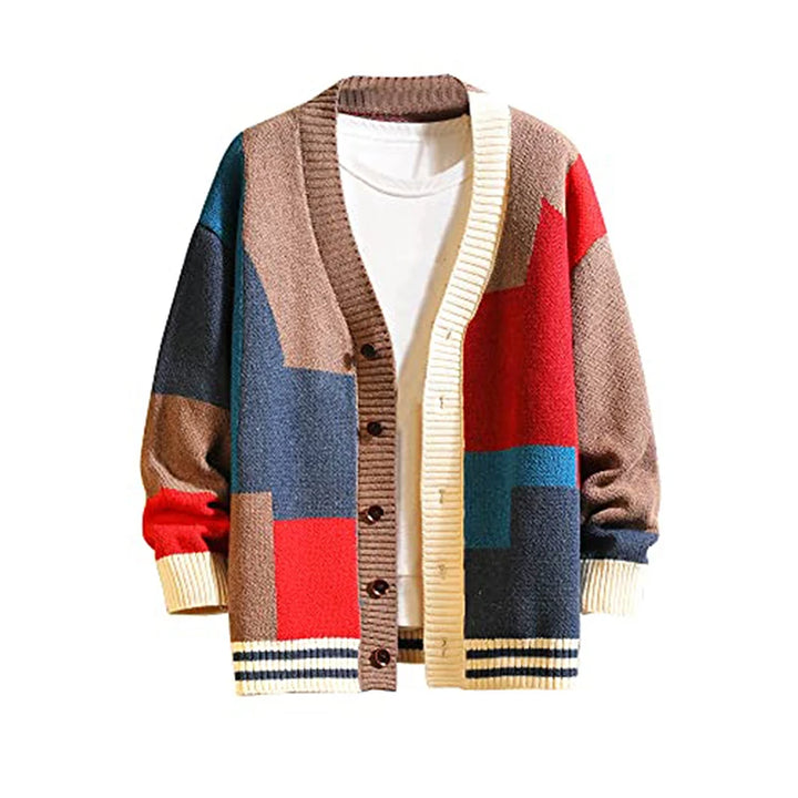 Vintage Knit Cardigan Jacket Stitching Colors Men Women Casual Sweater Cardigan Loose Wool Knitwear High Quality Knitted