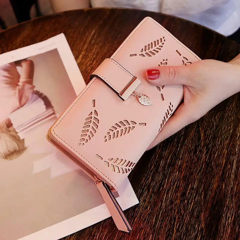 Women's Wallet PU Leather Female Long Wallet Hollow Leaves Handbag Phone Pouch For Women Gifts Coin Purse Card Holders Clutch