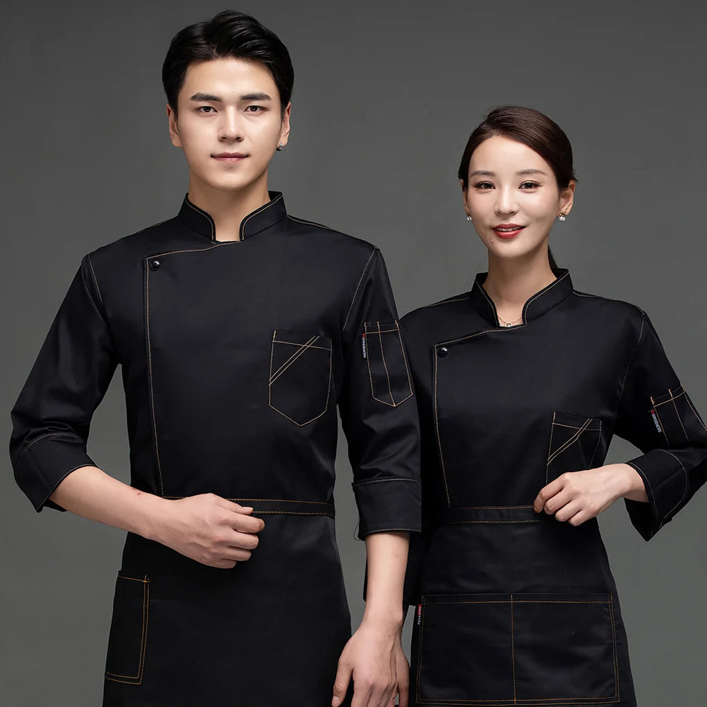 Chef Uniform Long Sleeve Warm Chef Jacket with Front Pockets Oblique Collar Suits for Men Catering for Coffee Bar  Blue XL