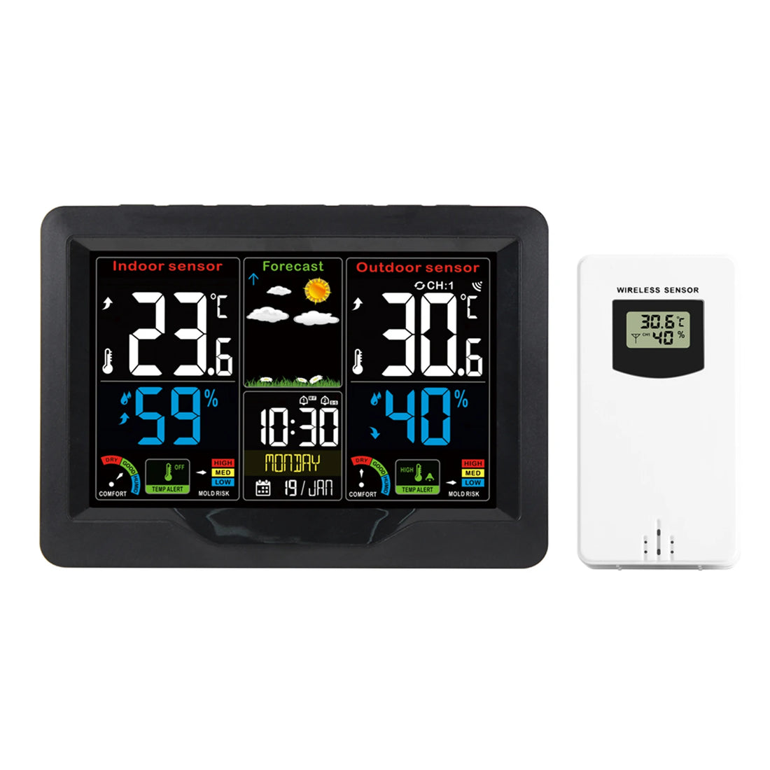 Weather Forecast Station Clock RF Indoor Outdoor Color Screen Clock with RF Transmitter Digital Temperature and Humidity Detecti