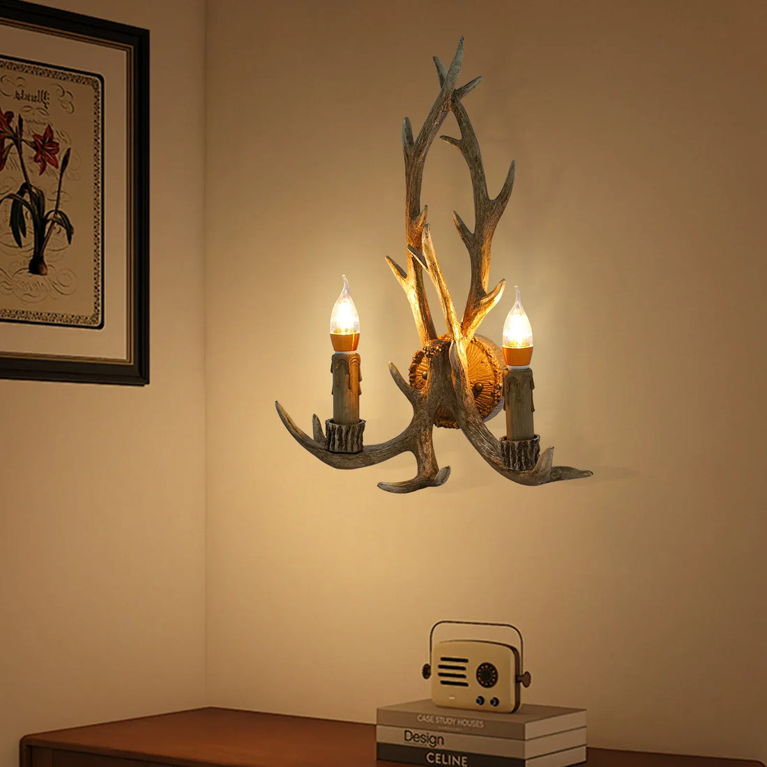 Bymaocar Energy-Efficient LED Antler Wall Lamp, E14 Bulb Base, Indoor Lighting Fixture for 32.29-53.82ft², Bedroom & Hotel Decor