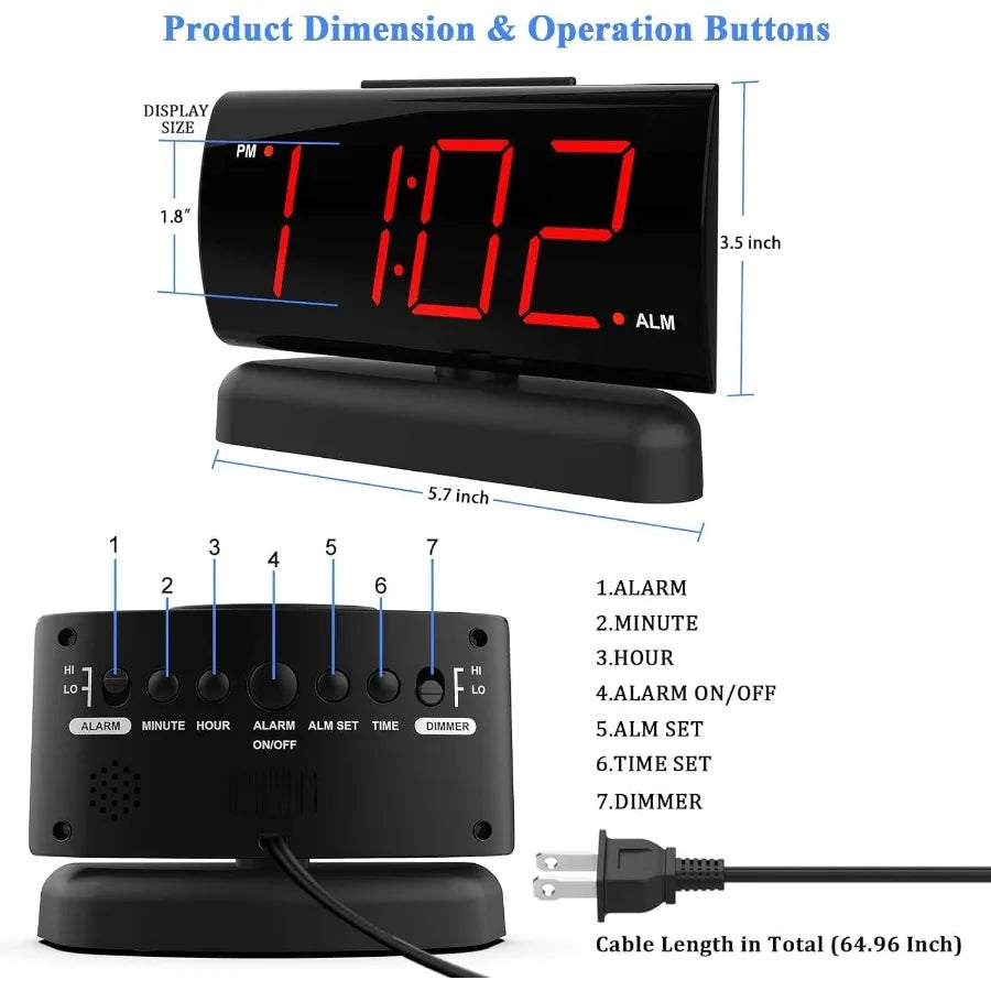 GING YHAU Alarm Clock Large Digital Rotating Base 2level Brightness Digital Clock Bedroom Bedside Alarm Clock Format Socket Pow