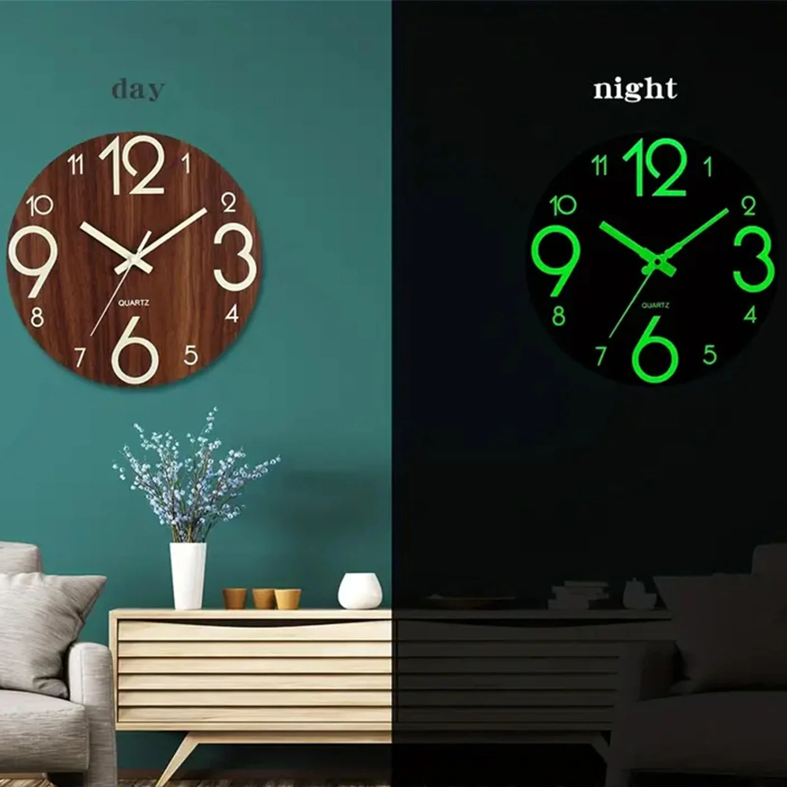 12 Inch Wooden Simple Luminous Wall Clock Silent Non Ticking Analog Clock Wall Decoration for Living Room Bedroom Office Decor