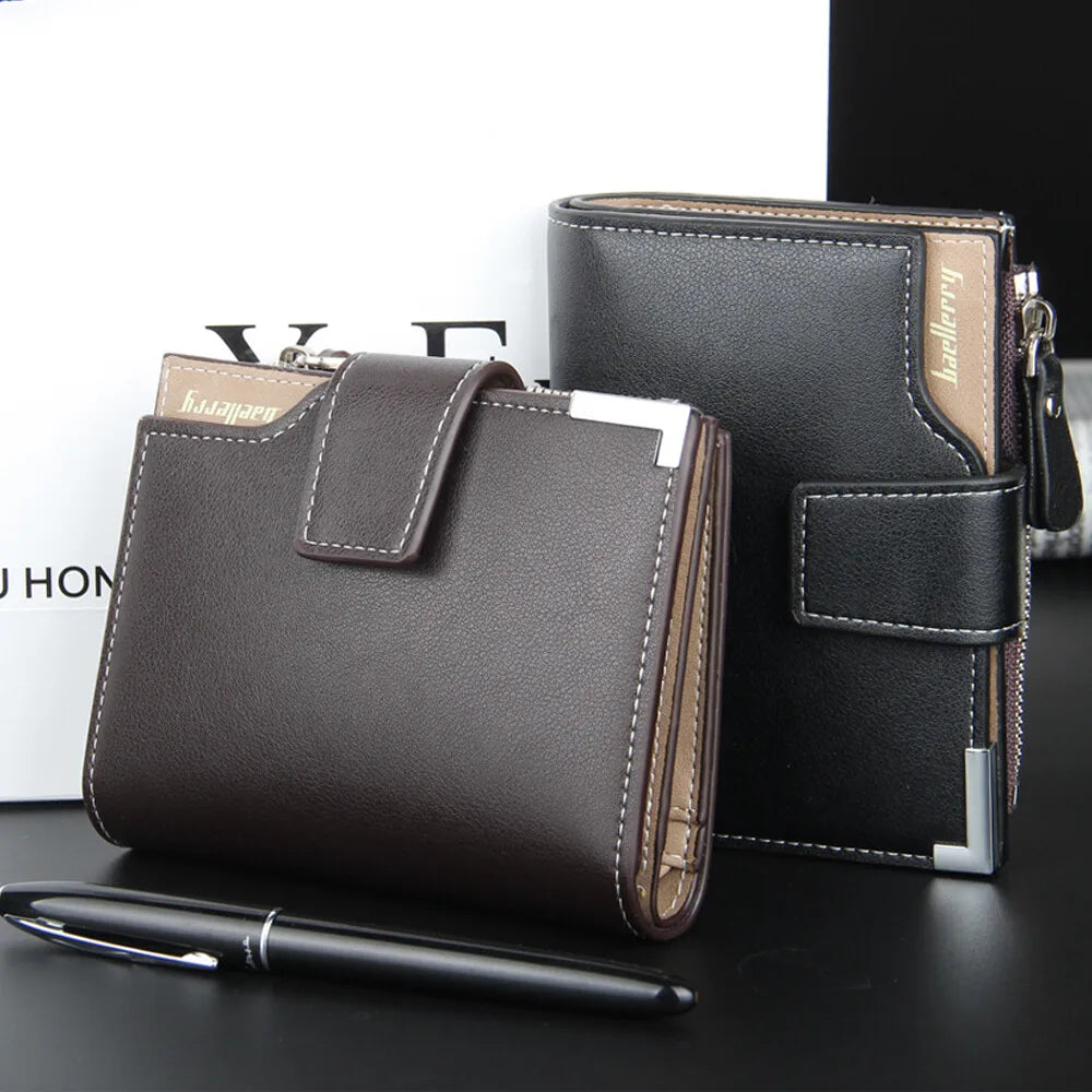 Business Mens Short Wallet PU Leather Zipper Coin Pocket Card Holder Casual Male Purses Fashion Three-fold Wallet with ID Window