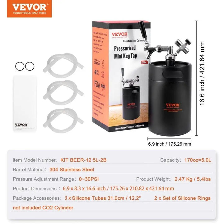 Stainless Steel Beer Growler Tap System 5L 170Oz Pressurized CO2 Regulator Faucet Leak Proof Homebrew Craft Beer