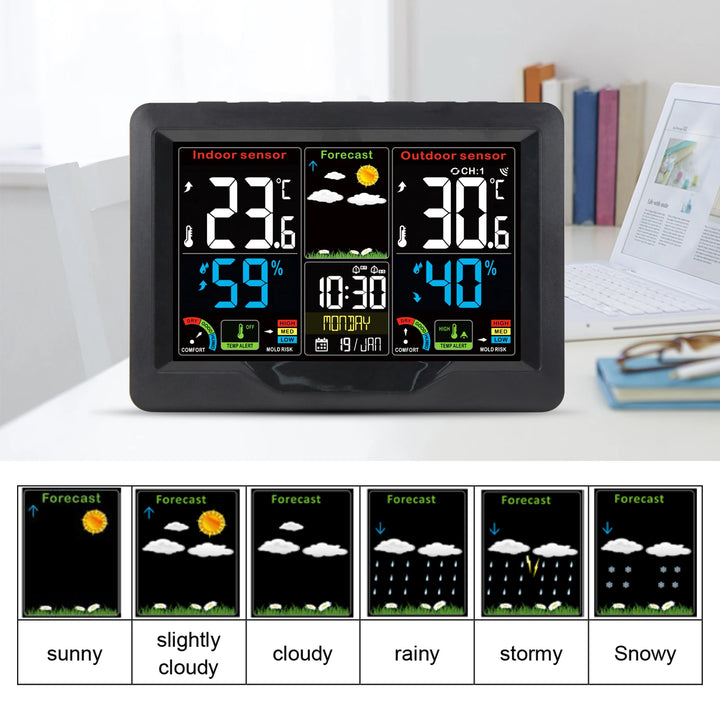 Weather Forecast Station Clock RF Indoor Outdoor Color Screen Clock with RF Transmitter Digital Temperature and Humidity Detecti