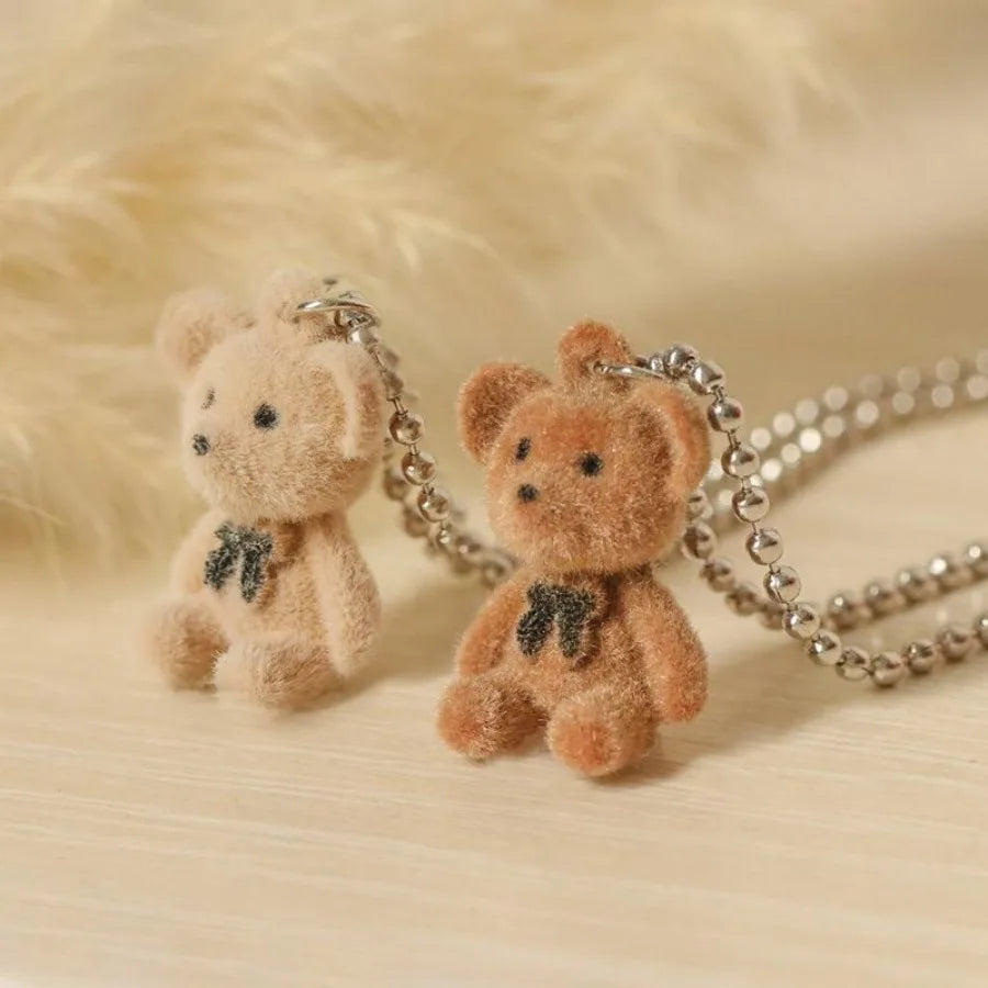 Cute Plush Bear Pendant Necklace for Girls Women Korean Fashion Bear Long Sweater Neck Chain Necklaces Collar Jewelry