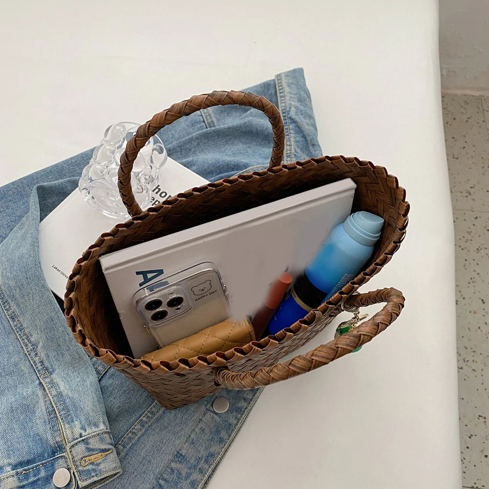 Women Weave Handbags Totes Large Capacity Summer Beach Bags Fashion for Lady for Vacation Travel Daily Casual with Cute Pendant