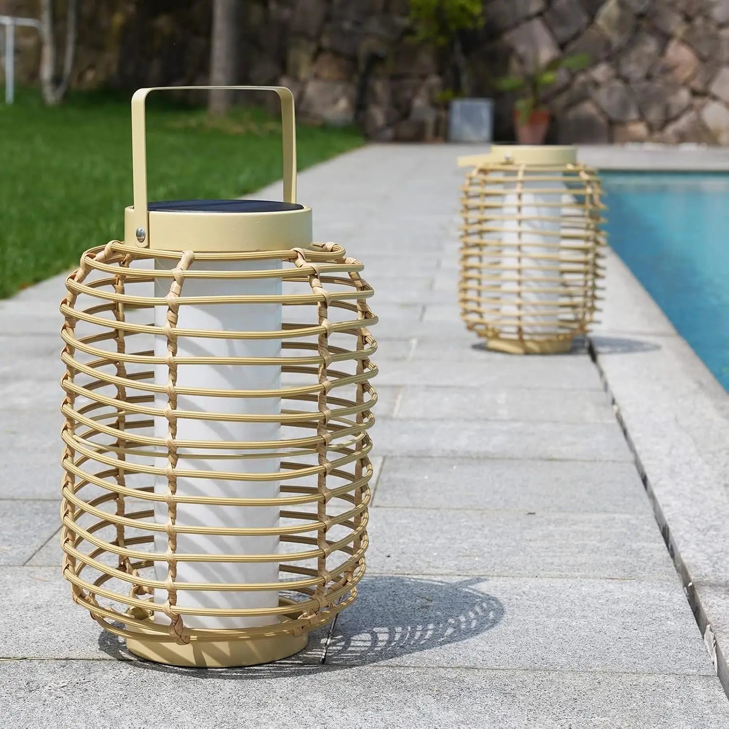 Outdoor Solar Powered Floor Lamp Set of 2, 14-inch Wicker Woven LED Lamp, Water-Resistant Garden Light, Boho Style