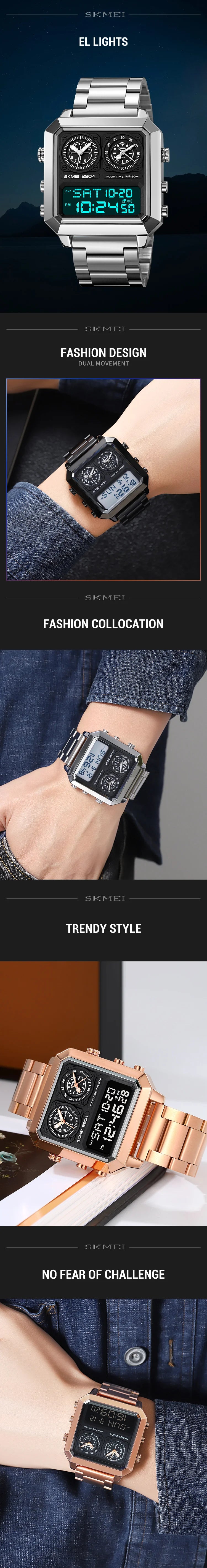 SKMEI Genuine Men's Electronic Watch Square Countdown Mary Gold Stainless Steel Strap 4 Time Timer Alarm Clock EL Luminous 2204