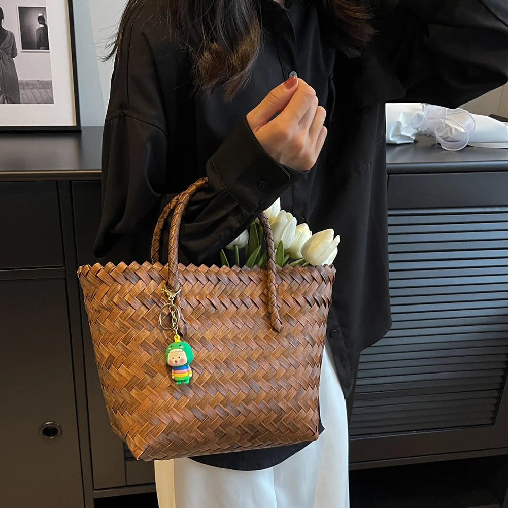 Women Weave Handbags Totes Large Capacity Summer Beach Bags Fashion for Lady for Vacation Travel Daily Casual with Cute Pendant