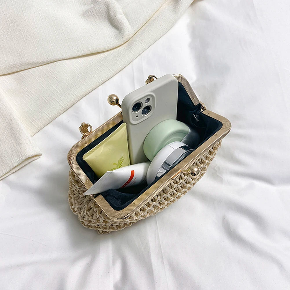 Chain Hand-woven Handbags Summer Woven Tote Bag Simple Texture Dinner Party Handmade Casual Elegant Fashion Portable Evening Bag