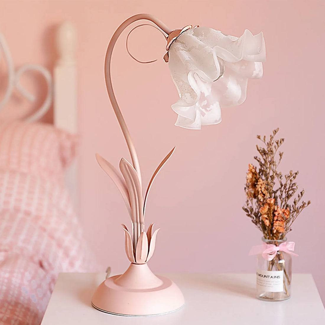 Bymaocar Pink Flower Desk Light LED Table 110V Fashional Lamp Indoor Lighting E27 Home Decor W/ Glass Lampshade for Bedroom Desk
