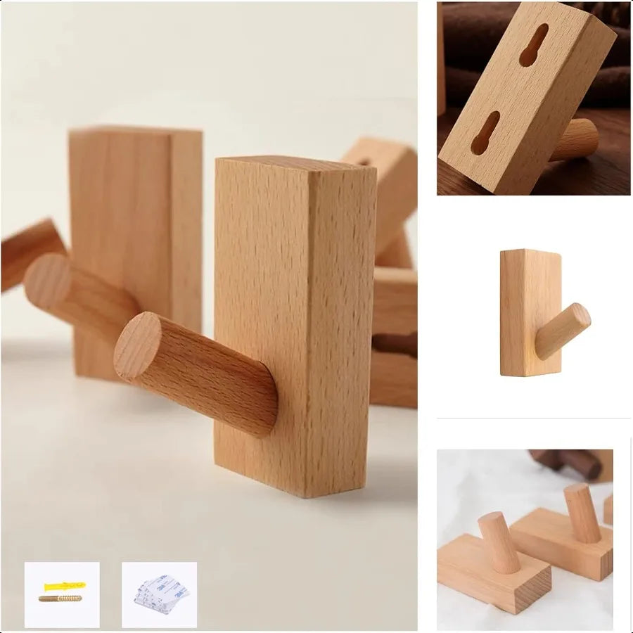 HomeDo 4Pack Adhesive Hat Rack Wooden Coat Hooks Wall Mounted Decorative Hooks Single Organizer Hat Hanger Towel Rack Heavy Dut