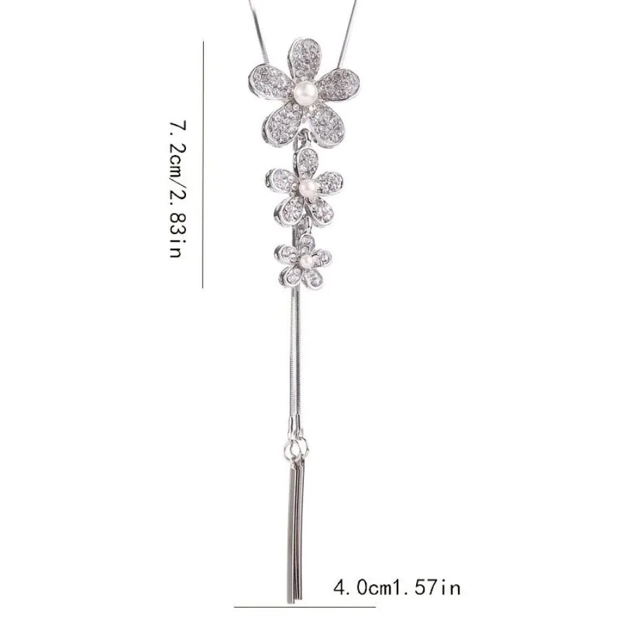 Three Flower Pendant L Necklace Inlaid Faux Pearls Elegant Long Chain Sweater Necklace Sweet Gifts For Friends