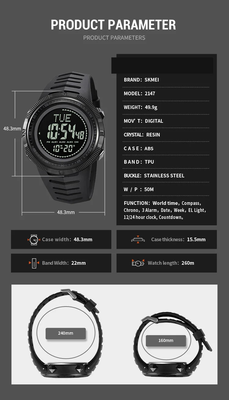 SKMEI Men's Sport Military Digital Men Watch For Men Waterproof Electronic Countdown Mens Wristwatches Outdoors Clock + Compass