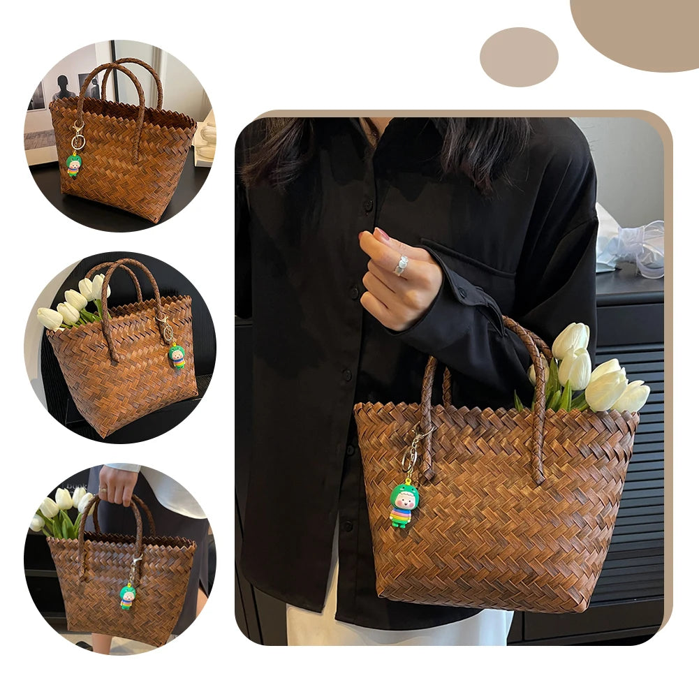 Women Weave Handbags Totes Large Capacity Summer Beach Bags Fashion for Lady for Vacation Travel Daily Casual with Cute Pendant