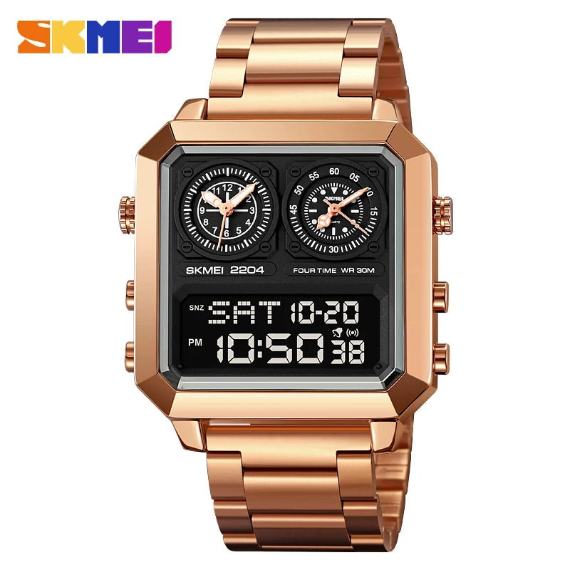 SKMEI Genuine Men's Electronic Watch Square Countdown Mary Gold Stainless Steel Strap 4 Time Timer Alarm Clock EL Luminous 2204