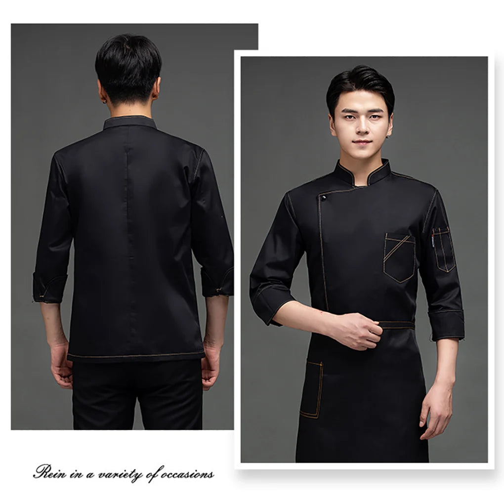 Chef Uniform Long Sleeve Warm Chef Jacket with Front Pockets Oblique Collar Suits for Men Catering for Coffee Bar  Blue XL